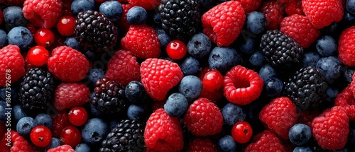 Mixed fresh berries closeup with vibrant colors and rich natural textures