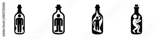 Person trapped in bottle icon set – isolation, stress, mental health, and emotional confinement concept in black silhouette design symbolizing anxiety, loneliness, and depression