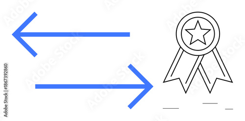 Business strategy, teamwork, competition, goals, success, reward. Two blue arrows pointing opposite directions with a star ribbon badge. Strategy and success concepts