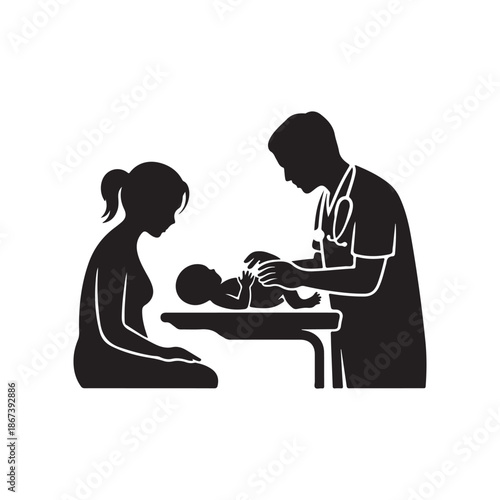 A silhouette depicting a doctor examining a newborn baby with a mother present symbolizing healthcare and family