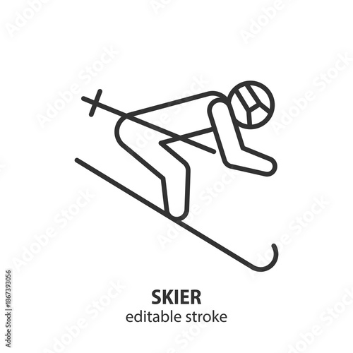 Skier line symbol. Winter sport concept. Ski resort vector icon. Editable stroke.
