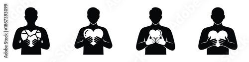 Person holding heart icon set – love, compassion, self-care, and emotional healing concept in black silhouette design symbolizing kindness, empathy, affection, and mental wellness