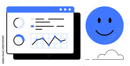 Data analytics concept. Data visualization and positive analytics ed by charts, graphs, cloud element, and happy face. Perfect for business insights, technology, and progress
