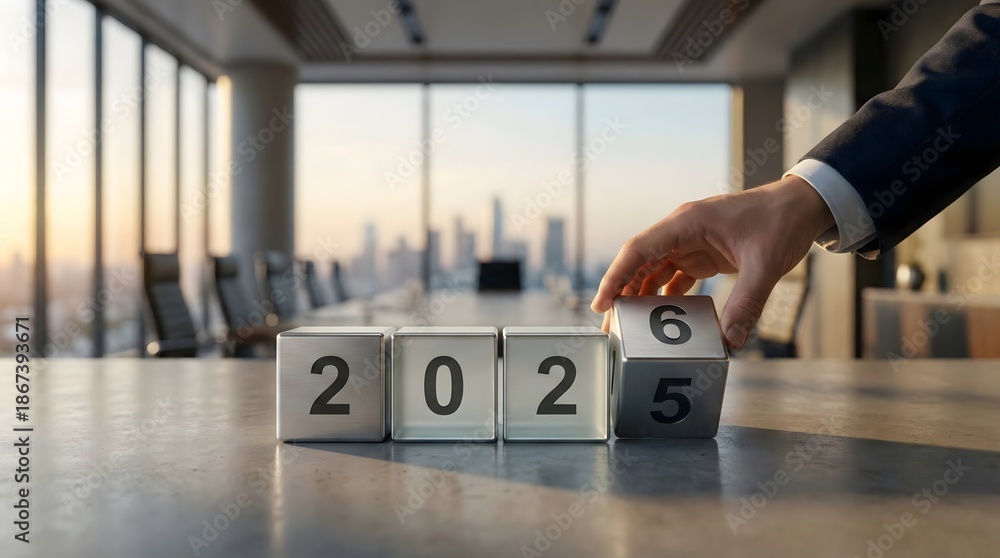 Fototapeta premium Transition from 2025 to 2026 with metallic cubes on office desk,hand flipping number blocks in boardroom,concept of new year,business planning,future goals and resolutions