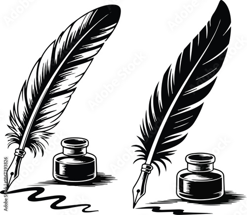 Two illustrations of feather quill pens. On the left, the quill is poised over a piece of paper, with ink flowing from the nib, creating a wavy line.