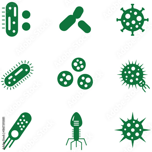 A collection of green vector illustrations depicting different types of bacteria and various virus particles