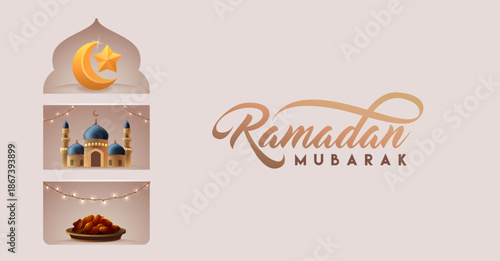 Ramadan Mubarak Horizontal Banner with 3D Style Crescent Moon, Mosque and A Plate of Dates Vector Illustration 