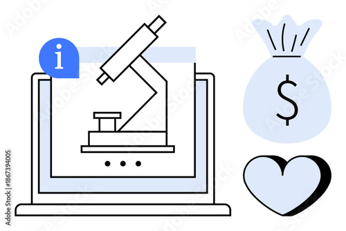 Scientific innovation, online research, funding, academic growth, healthcare, financial support. Microscope displayed on a laptop with money bag and heart. Scientific innovation and funding concept