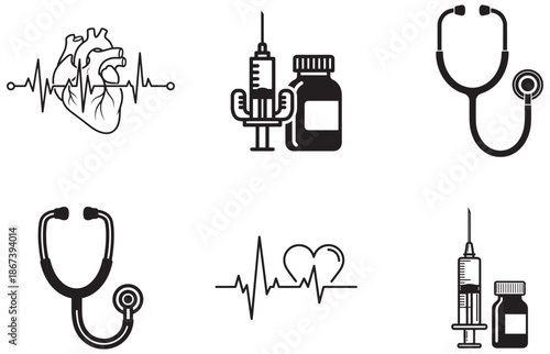 A collection of essential medical symbols illustrating healthcare diagnosis treatment and vital signs monitoring