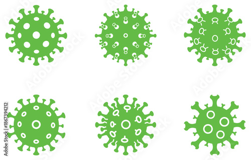 Diverse green virus illustrations depicting various microscopic pathogens and their unique structures
