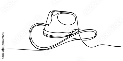 One line art cowboy hat - Minimalist continuous line drawing of western style hat vector illustration, Continuous one line drawing of men hat, Single line drawing of cowboy hat, Vector continuous one