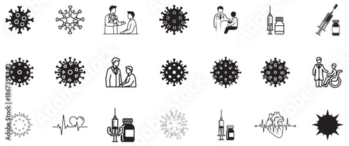 Icons representing global health challenges including viruses medical consultation and essential vaccination efforts