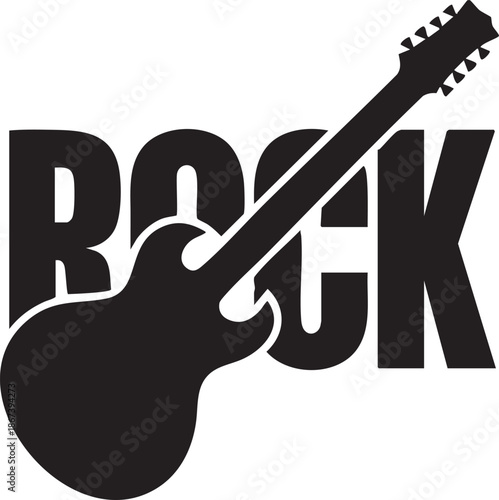 Bold rock music graphic featuring stylized black electric guitar and lettering on light background
