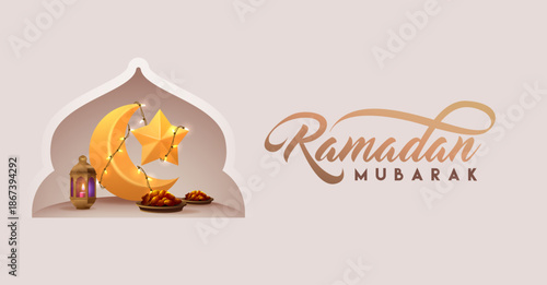 Ramadan Mubarak Greeting Banner with 3D Style Crescent Moon, Lantern and Elegant Islamic Arch Illustration