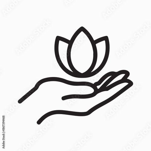 Black line of a hand holding a lotus flower line black and white