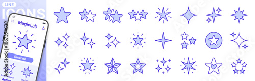 Star line icon set. Sparkle, twinkle, award, glitter, and burst minimal vector illustrations. Simple outline signs for glow and shine concepts. Duotone color fill. Editable Stroke