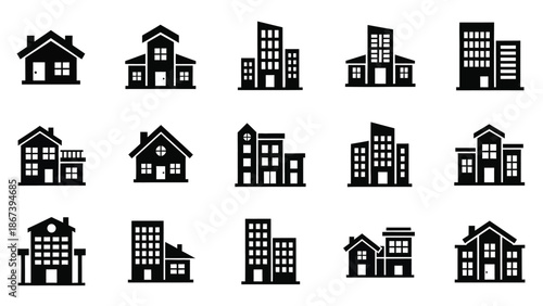 Collection of various house and building icons displayed on a plain white background