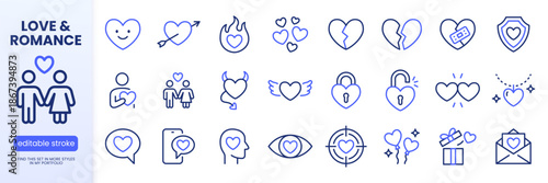 Valentine day line icon set. Heart, romantic gift, love, passion, relationship, empathy, divorce minimal vector illustrations. Simple outline signs for dating app. Blue color duotone. Editable Stroke