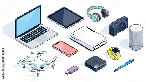 Assorted technology devices and gadgets neatly arranged on a clean white background showcasing modern digital lifestyle and innovative tools
