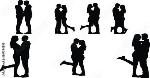 Romantic couple silhouette, black vector, love pose, kissing stance, relationship icon, graphic, illustration, affection, embrace, intimacy, passionRomantic couple silhouette, black vector, love