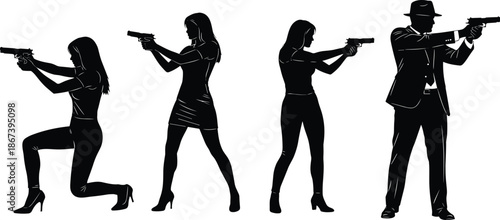 Gun silhouette, black vector, action pose, dramatic stance, spy theme, detective style, graphic, illustration, mystery, cinematic characterGun silhouette, black vector, action pose