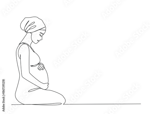 Continuous line art drawing of pregnant woman holding her belly vector illustration. Editable stroke.
