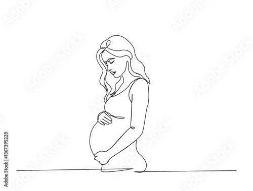 Continuous line art drawing of pregnant woman holding her belly vector illustration. Editable stroke.