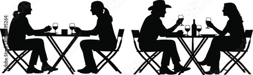 People silhouette set, dining and conversation poses, black vector, social interaction, romantic dinner, casual meeting, isolated, table, design, groupPeople silhouette set