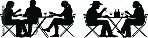 People silhouette set, dining and conversation poses, black vector, social interaction, romantic dinner, casual meeting, isolated, design, table, groupPeople silhouette set