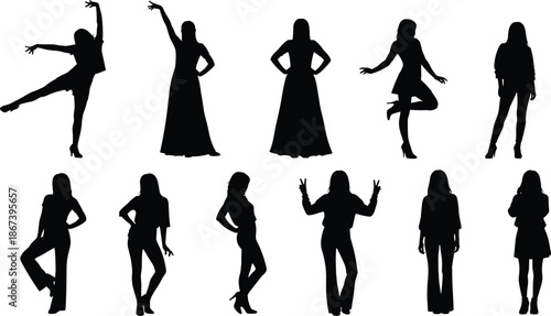 Woman silhouette set, fashion poses, stylish outfits, body language, black vector, confident stance, isolated, decorative, design, collectionWoman silhouette set, fashion poses, stylish outfits
