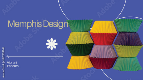 Memphis Design Vibrant Patterns Banner Template with Colorful Cupcake Liners and Bold Blue Abstract Geometric Layout.