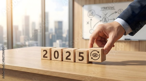 Wooden blocks displaying transition from year 2025 with a visionary icon symbol,representing future planning,vision,goals,and business strategy