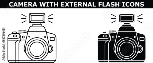 A graphic illustration of two camera icons with external flash on a white background