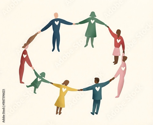 Diverse people holding hands in a circle,each figure with heart symbol,illustrating unity,community,love,diversity,and social inclusion