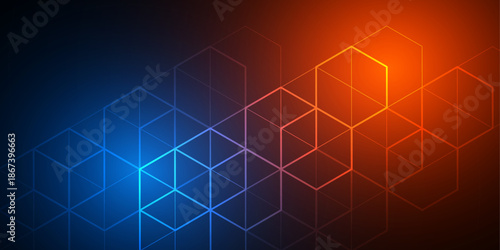 Technology background. Neon geometric abstraction. Cubes and lines. Vector illustration.