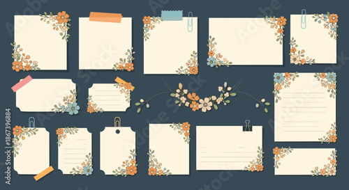 Charming stationery collection featuring floral decorated note papers tags and stickers with a vintage garden aesthetic.
