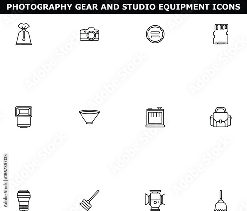 A collection of photography gear and studio equipment icons on a clean white background