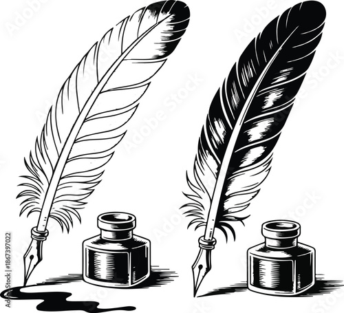 Two illustrations of feather quill pens. On the left, the quill is poised over a piece of paper, with ink flowing from the nib, creating a wavy line.