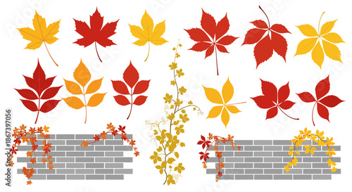 Vibrant autumn maple leaves and climbing ivy vines arranged on gray brick wall segments for seasonal decoration.
