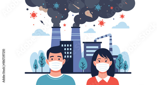 Young man and woman wearing medical face masks to protect against heavy air pollution from industrial factory chimneys.