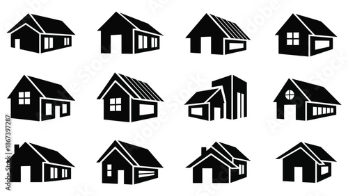 Collection of various house icons in black and white