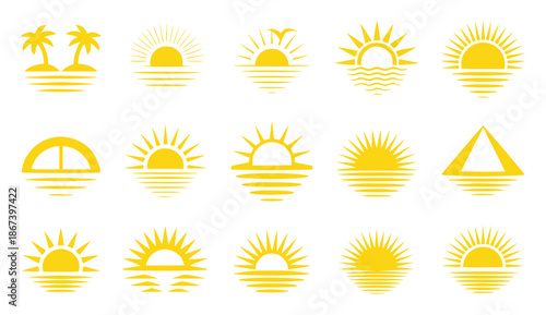 Collection of Yellow Sun and Sunrise Icons with Water and Tropical Elements