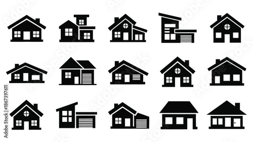 Collection of various house illustrations displayed on a white background