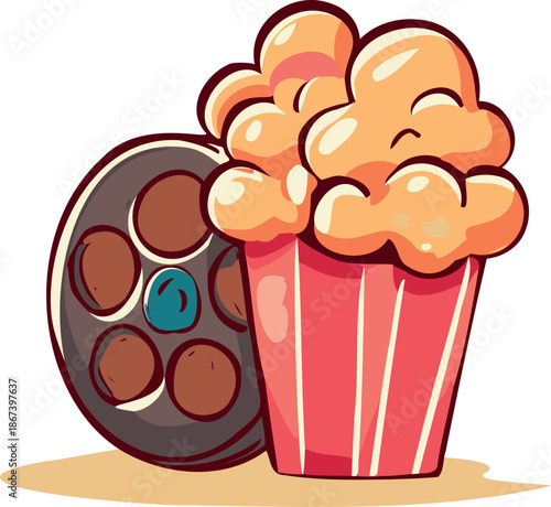 Cute popcorn box with film reel, movie night snack vector illustration