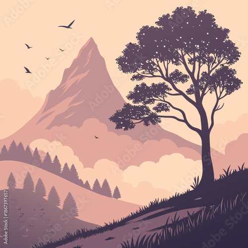 Minimalist Vector Art of a Lone Mountain Peak at Sunrise Illustrating Solitude, Nature, and High Altitude Adventure