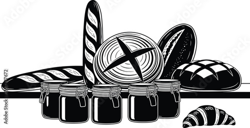 Bakery shop vector illustration, assorted artisan bread loaves, baguette, croissant, and jam jars silhouette, rustic bakery display, organic food products, woodcut style graphics.