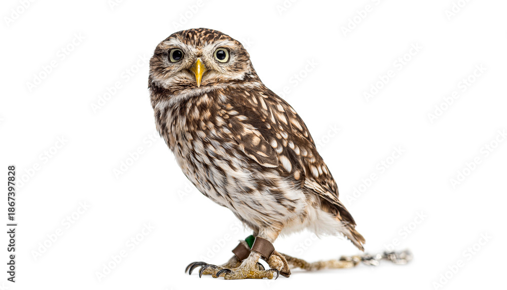 Obraz premium Little owl athene noctua standing on white background