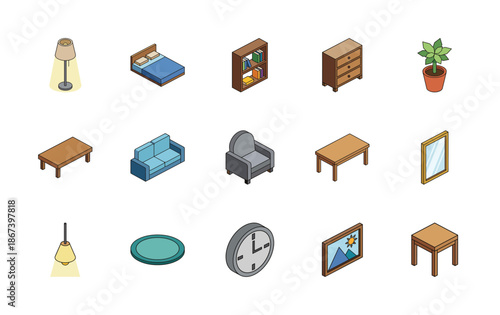 Furniture isometric 3d icon set. Flat vector home symbols isolated.