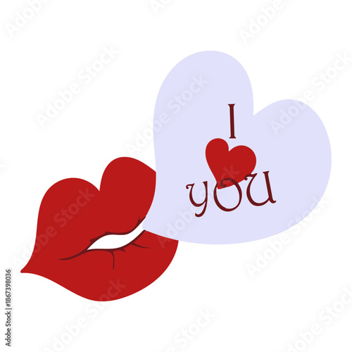 red lips blowing a heart bubble with i love you