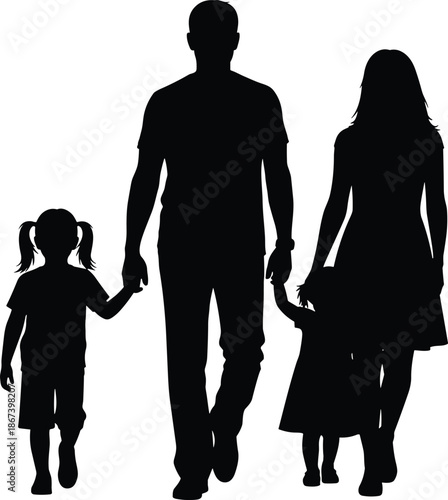 Happy family silhouette vector illustration, parents walking with two daughters holding hands, father mother and children standing together, family unity concept, relationship.